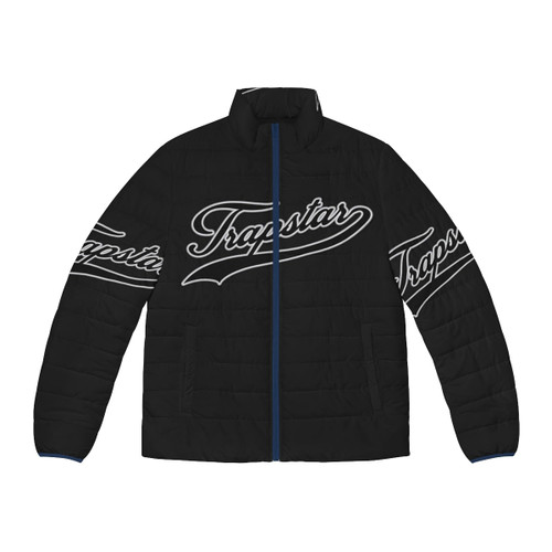 Trapstar Strike Out Puffer Jacket - Black streetwear jacket with Trapstar branding and baseball-inspired design