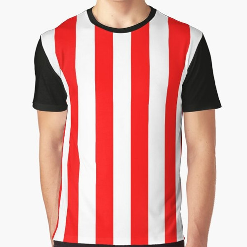 Red and white vertical striped graphic t-shirt with a vintage geometric pattern design