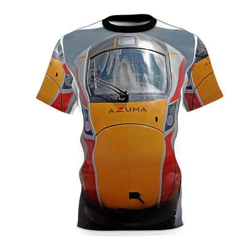 Detailed illustration of the front view of an LNER Azuma high-speed train on a t-shirt