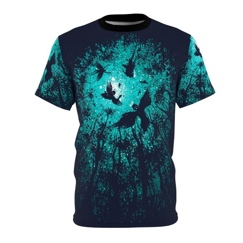 Artistic illustration of an angel in a serene forest landscape on a high-quality t-shirt.