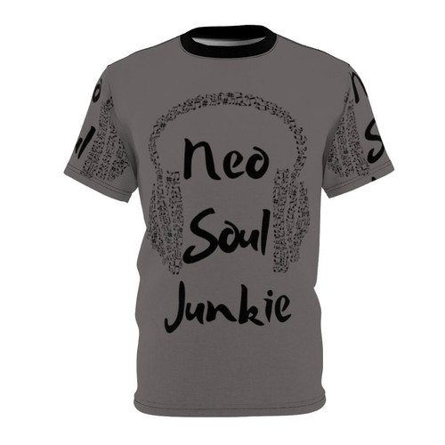 Person wearing a t-shirt featuring a neo soul music, headphones, and genre-themed graphic design.