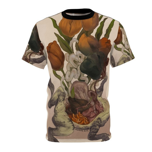 Frog dissection t-shirt featuring a scientific illustration of a frog's internal anatomy