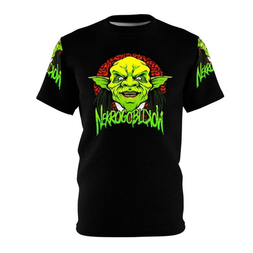 Necrogoblikon inspired all-over-print t-shirt featuring the fantasy metal band's logo and artwork