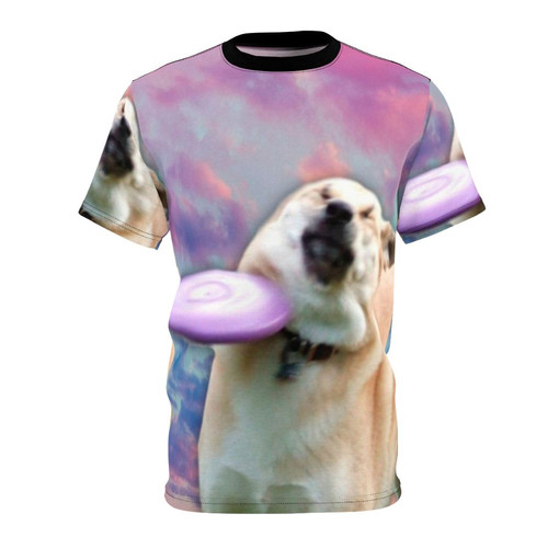A t-shirt featuring a dog catching a frisbee with a cloud and vaporwave-inspired aesthetic design.