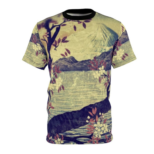 A nature landscape-inspired t-shirt featuring elements of Japanese and Oriental art, such as mountains, lakes, trees, and flowers.