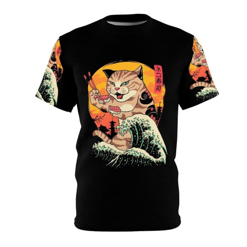 Neko Sushi Wave T-Shirt featuring a cute cat in a Japanese wave design
