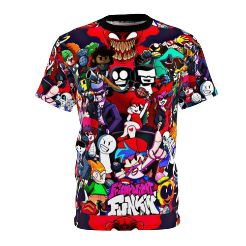 Retro-style t-shirt featuring Friday Night Funkin' characters in a pixelated design