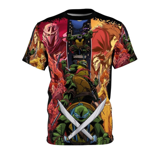Teenage Mutant Ninja Turtles inspired t-shirt with cast characters Michelangelo, Donatello, Raphael, and Leonardo