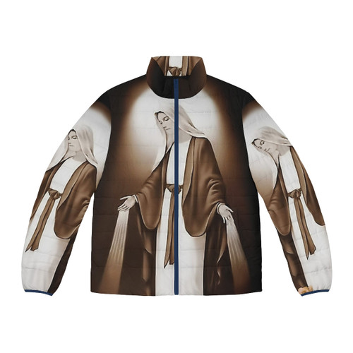 Woman wearing puffer jacket with image of St. Bernadette's vision