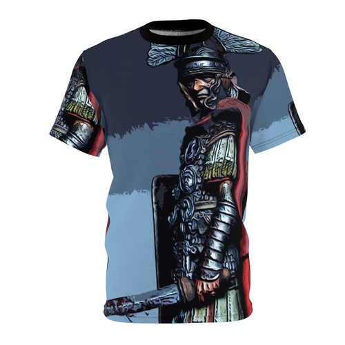 Model wearing a high-quality t-shirt featuring a design inspired by the armor and uniforms of ancient Roman centurions and legionaries.