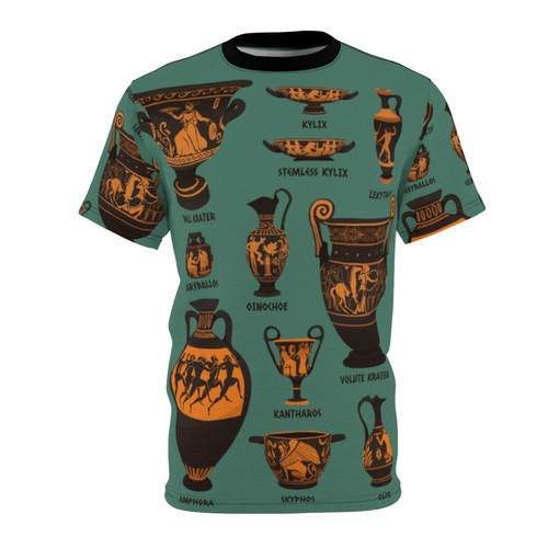 Vintage-style graphic t-shirt featuring ancient Greek pottery designs like amphoras, lekythoi, and kraters