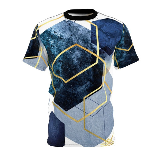 Geometric abstract design t-shirt in navy and gold color palette