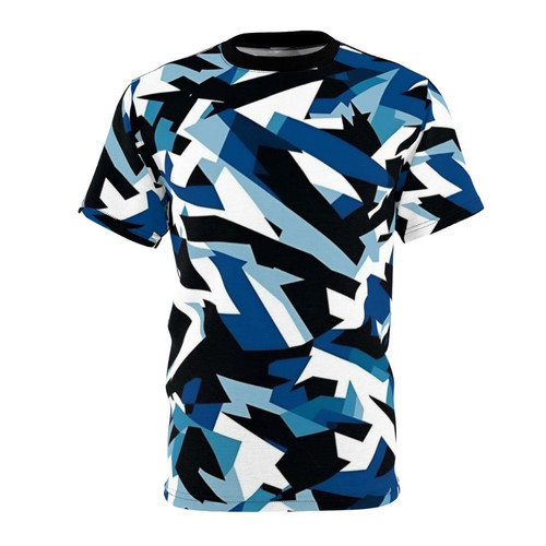 Model wearing navy blue t-shirt with dazzle camouflage pattern design