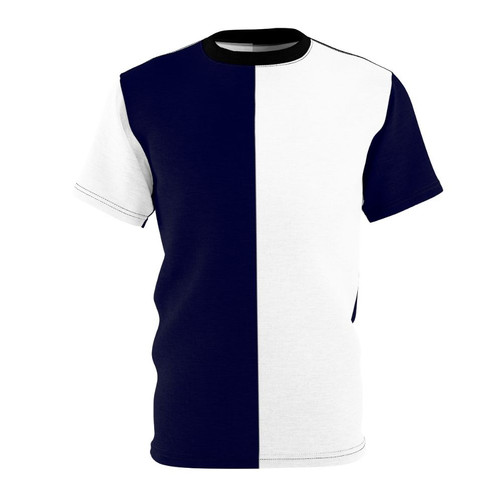Navy blue and white half and half t-shirt with nautical stripes and a casual, preppy design