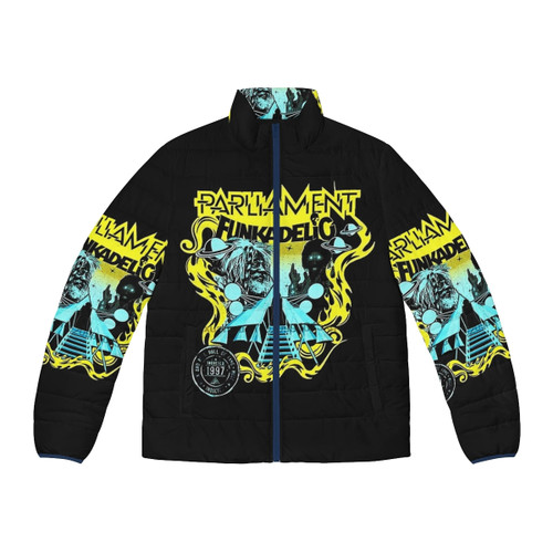 Retro 70s psychedelic funkadelic puffer jacket with band logo