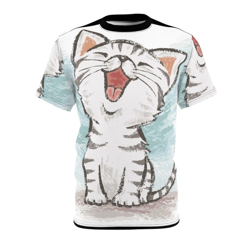 Cute illustration of a happy, smiling American Shorthair cat character on a t-shirt