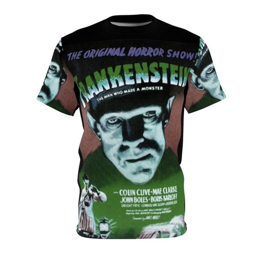 Green t-shirt with classic Frankenstein movie poster graphic