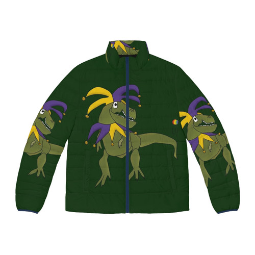 T-Rex Jester Puffer Jacket with Dinosaur and Jester Design