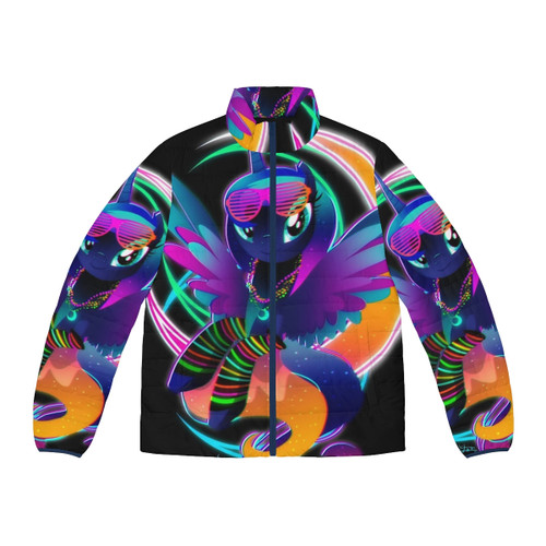 Retro 80s synthwave inspired puffer jacket featuring Rainbow Dash from My Little Pony