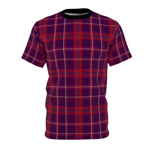 Man wearing a red and black tartan-patterned t-shirt