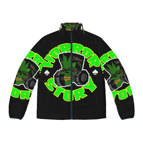 A person wearing a horror-themed puffer jacket with a menacing design