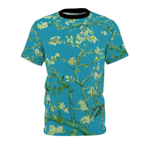 Colorful almond blossom inspired t-shirt with a floral pattern design based on the artwork of Vincent van Gogh.