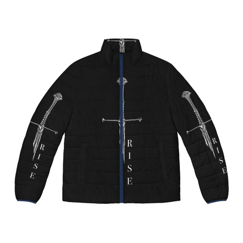 Puffer jacket featuring the broken sword of Narsil from Lord of the Rings