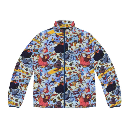 King Arthur's sword protruding from a magical stone, printed on a puffer jacket