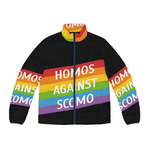 Puffer jacket with "Homos Against Scomo" text, promoting LGBTQ+ activism and social justice