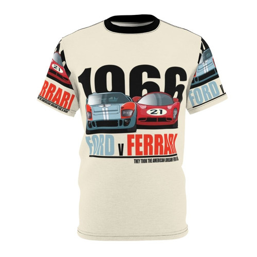 Retro-style T-shirt design featuring Ford and Ferrari racing cars from the 1960s