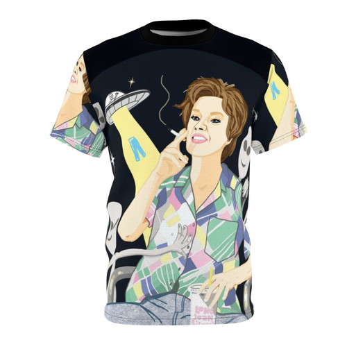 Graphic tee featuring an alien abduction parody design with the character Ms. Rafferty from SNL