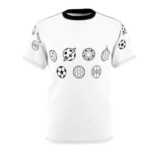 A minimalist t-shirt design featuring creative football or soccer balls with a planet ring graphic.