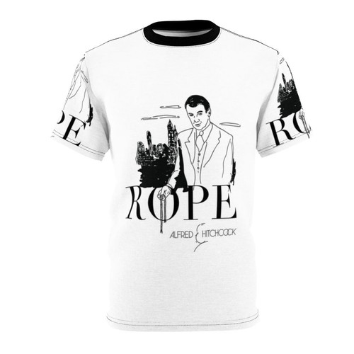 Vintage-style all-over print t-shirt featuring iconic Alfred Hitchcock movie scenes and references.