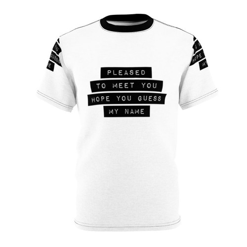 Pleased to Meet You graphic tee featuring minimalist 80s pop art inspired design with Sympathy for the Devil lyrics