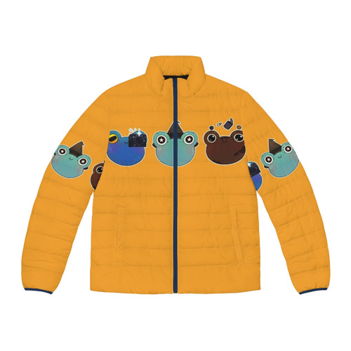 Hobbies for Froggies Puffer Jacket featuring a cartoon frog wizard with nature and hobby-themed accessories