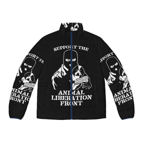 A stylish puffer jacket with the Animal Liberation Front logo, promoting animal rights and ethical fashion.