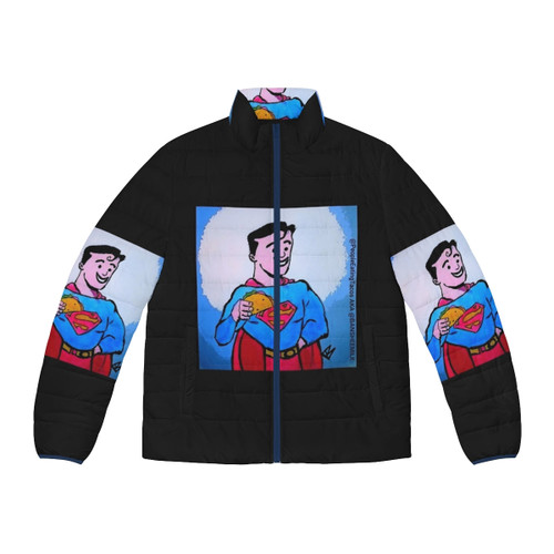 A puffer jacket featuring a superhero character eating tacos