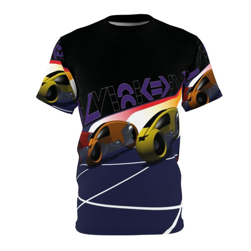 Vibrant tron lightcycle racing grid design t-shirt with retro 80s style