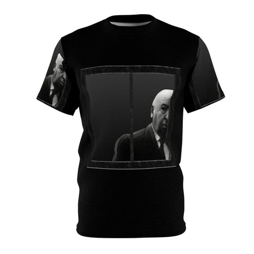 Artistic black and white graphic t-shirt design featuring an illustration of legendary filmmaker Alfred Hitchcock looking out a window.