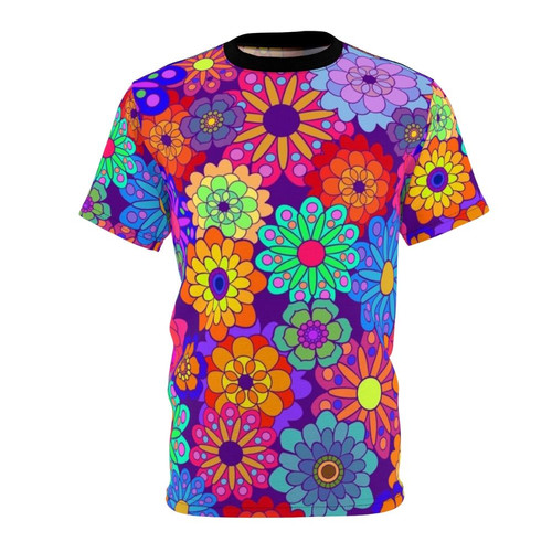 Colorful retro flower power graphic tee with bold floral and vintage design