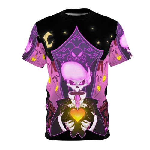 Mysterious skull and ghost graphic design on an all-over print t-shirt