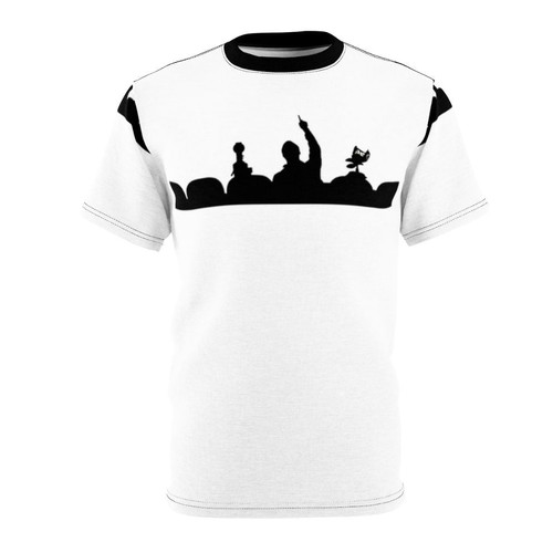 Vintage-inspired black and white graphic t-shirt featuring the characters from the cult classic TV series Mystery Science Theater 3000