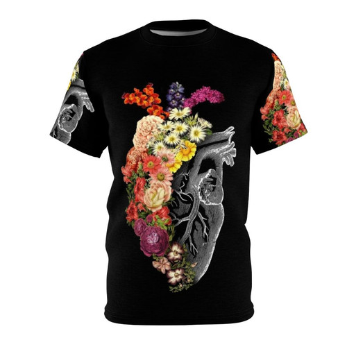 Artistic floral design of an anatomical heart in black and white, representing spring transformation and metamorphosis.