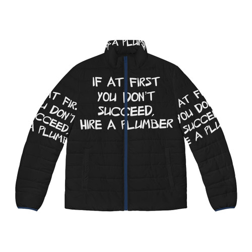 Plumber Puffer Jacket with plumbing jokes and water/drain symbols