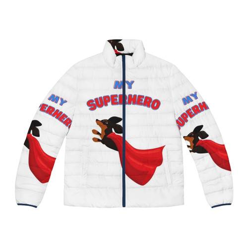 Black dachshund wearing a superhero-themed puffer jacket