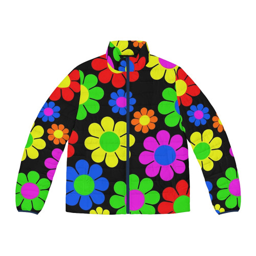 Retro hippie-inspired puffer jacket with a colorful flower and daisy pattern