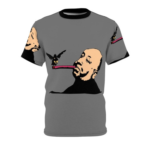 Bold t-shirt design featuring an illustration of Alfred Hitchcock with a bird and cigar