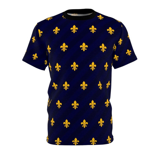Closeup of a fleur de lys flower design in gold and blue colors on a t-shirt