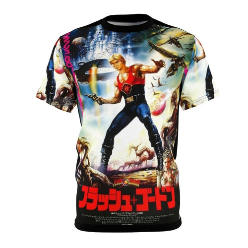 Retro 80s style science fiction t-shirt inspired by the classic movie Flash Gordon and Japanese anime/manga aesthetics.