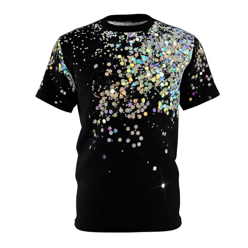 Model wearing a dazzling black t-shirt with holographic sparkle design